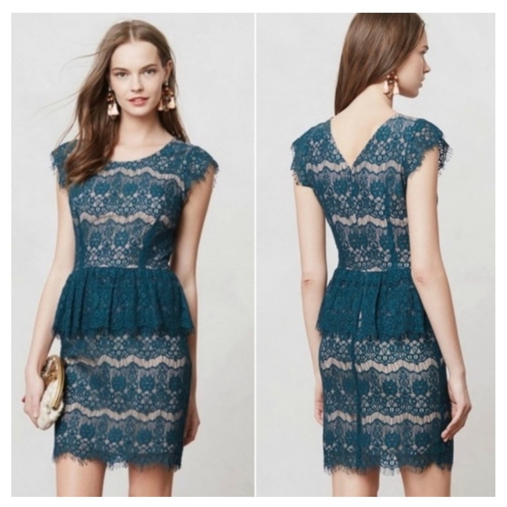Maeve Anthropologie Elsa Lace Peplum Dress Teal Blue‎ Nude Sheath S Small